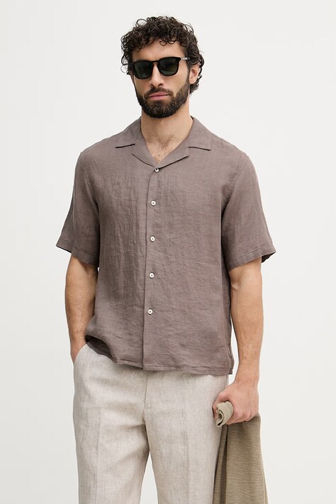 United Colors of Benetton koszula męska lniana brązowa gładka 5BKUUQ06S