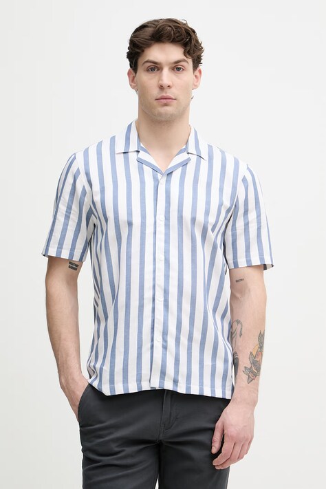 Lindbergh koszula męska z dodatkiem lnu niebieska w paski 30-203321