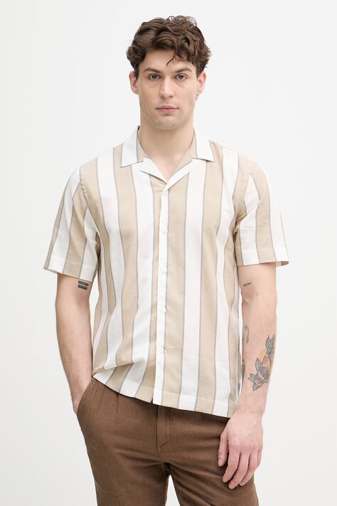 Lindbergh koszula męska z dodatkiem lnu beżowa w paski 30.203419