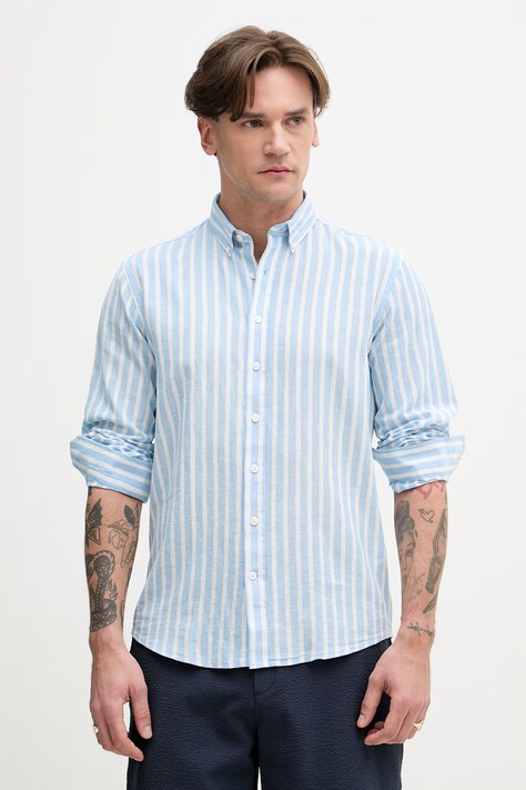 Lindbergh koszula męska z lnu niebieska w paski 30.203492R