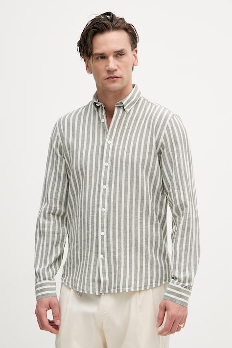 Lindbergh koszula męska z lnem zielona w paski 30.203492R