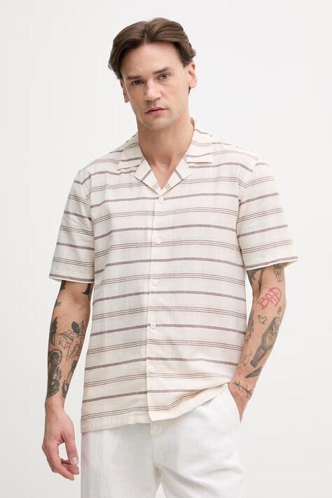 Lindbergh koszula damska z lnem beżowa w paski 30.203859