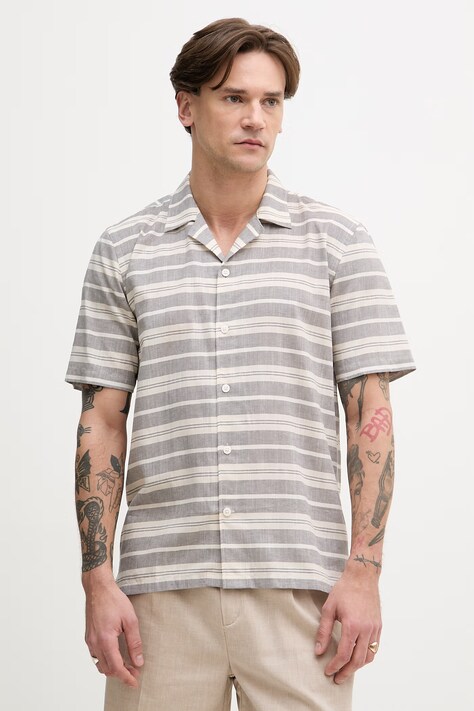 Lindbergh koszula damska z lnu beżowa w paski 30.203859