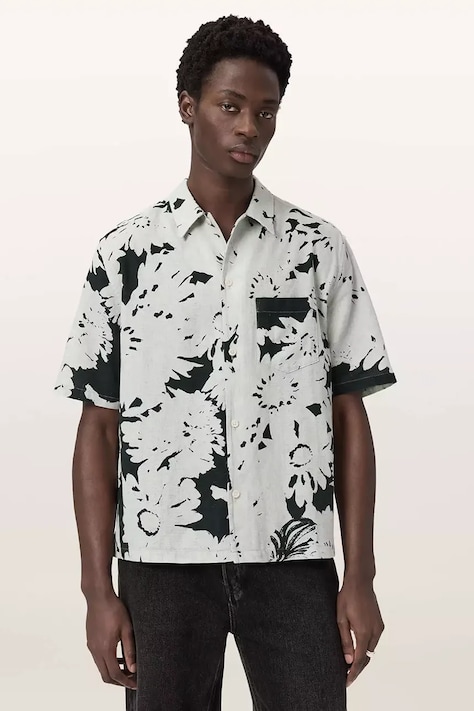 Košeľa s prímesou ľanu AllSaints GIRONA biela farba, voľný strih, s klasickým golierom, M045SE