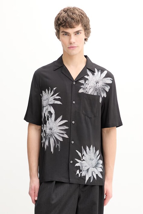 AllSaints koszula z dodatkiem lnu FLORAZE męska kolor czarny regular M046SE