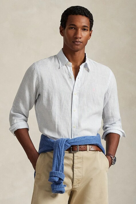 Polo Ralph Lauren koszula lniana męska kolor biały regular z kołnierzykiem button-down 710B15594