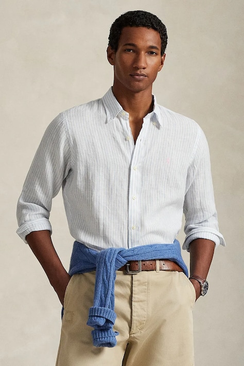 Polo Ralph Lauren koszula lniana męska kolor biały regular z kołnierzykiem button-down 710B15594