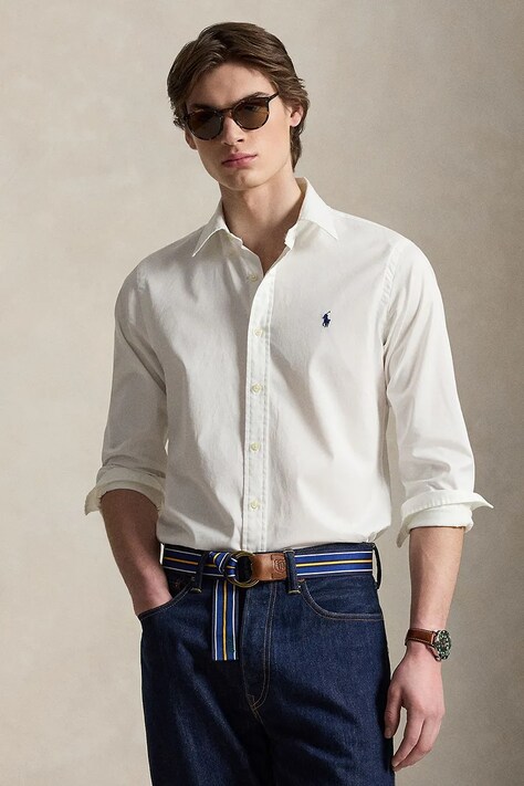 Polo Ralph Lauren koszula bawełniana męska kolor biały slim z kołnierzykiem button-down 710B20512