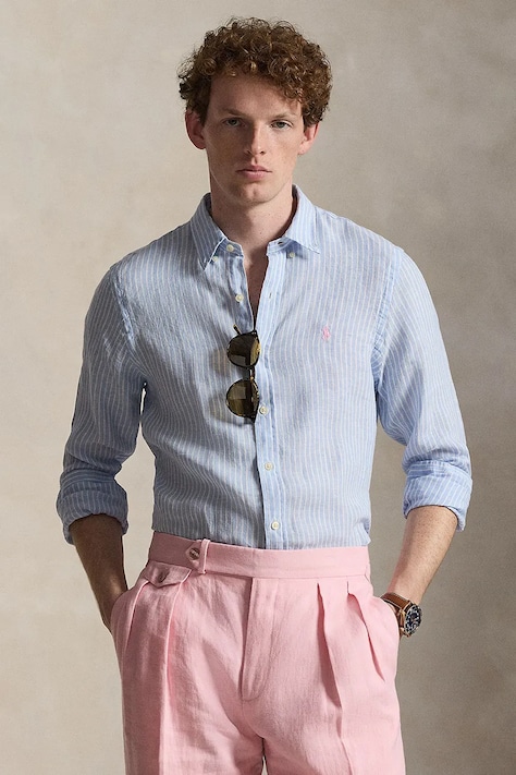 Polo Ralph Lauren koszula lniana męska kolor niebieski slim 710B15647