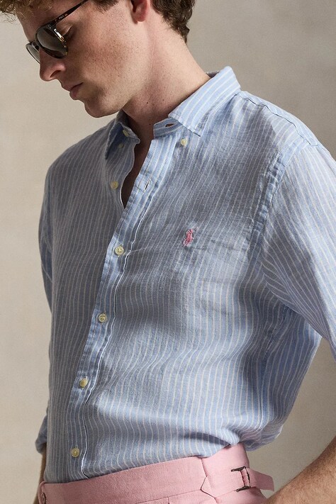 Polo Ralph Lauren koszula lniana męska kolor niebieski slim 710B15647