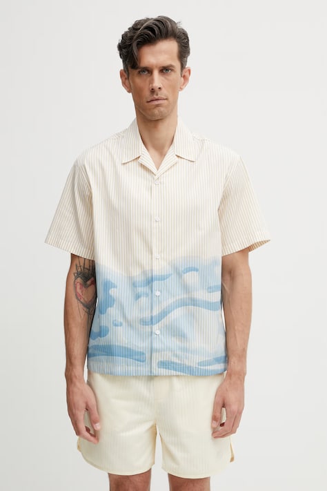 Lacoste koszula męska bawełniana żółta w paski CH1995