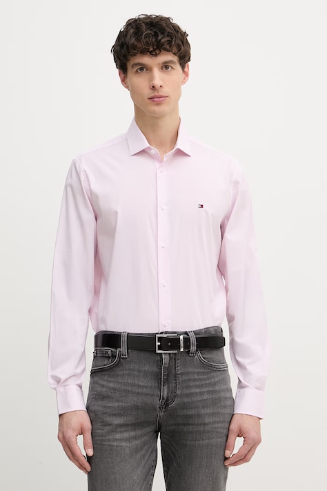 Tommy Hilfiger košeľa pánska bavlnená s elastanom ružová s pásikavým vzorom MW0MW42930