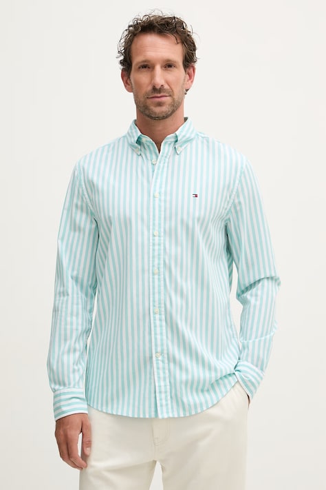 Tommy Hilfiger košeľa pánska bavlnená tyrkysová MW0MW42440
