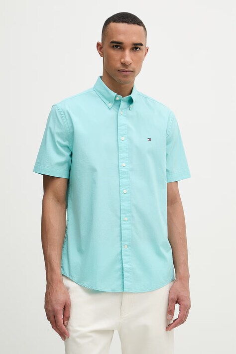 Tommy Hilfiger koszula męska bawełniana turkusowa gładka MW0MW42630