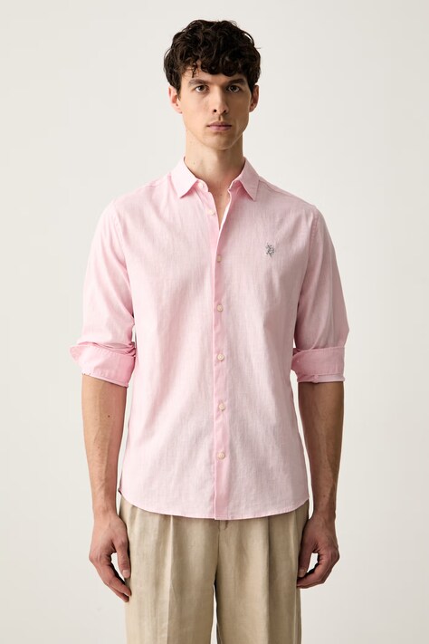 U.S. Polo Assn. koszula safari męska z lnem LINEN BLEND LS różowa gładka MUP3248
