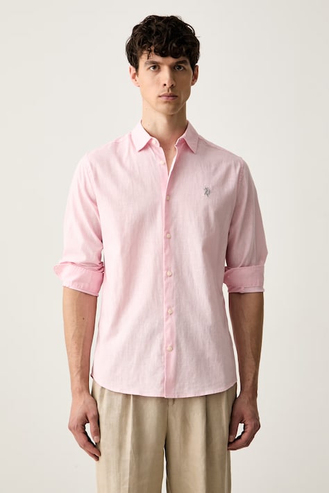 U.S. Polo Assn. koszula safari męska z lnem LINEN BLEND LS różowa gładka MUP3248