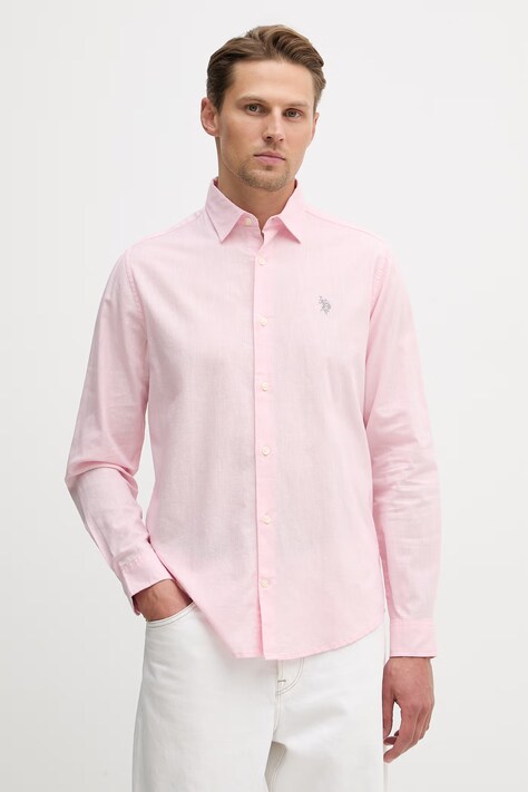 U.S. Polo Assn. koszula z dodatkiem lnu LINEN BLEND LS męska kolor różowy regular z kołnierzykiem klasycznym MUP3248