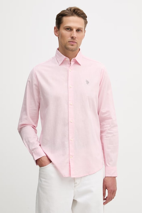 U.S. Polo Assn. cămașă cu in LINEN BLEND LS culoarea roz, cu guler clasic, regular, MUP3248