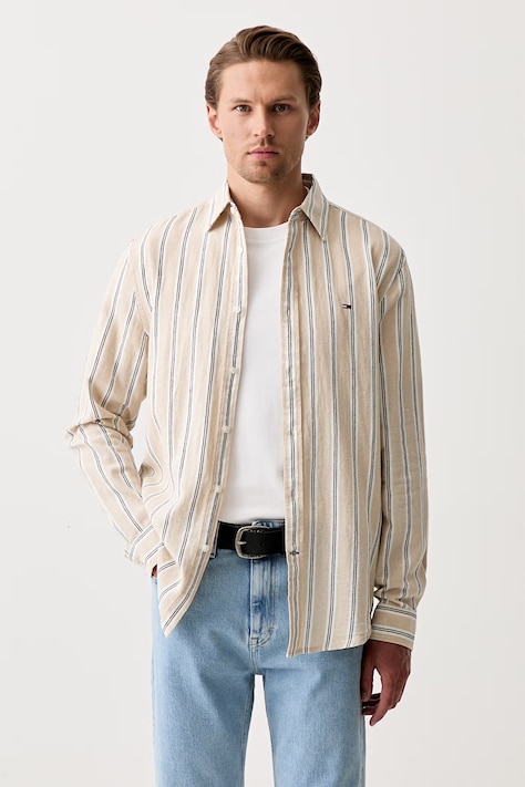 Tommy Jeans koszula męska z lnem beżowa w paski DM0DM22755