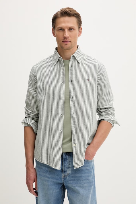 Tommy Jeans koszula męska z lnem zielona DM0DM22755
