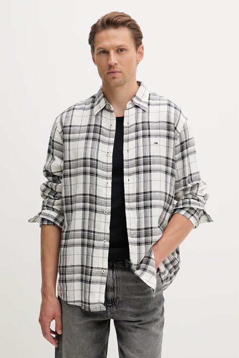 Tommy Jeans koszula męska z dodatkiem lnu czarna w kratkę DM0DM22758