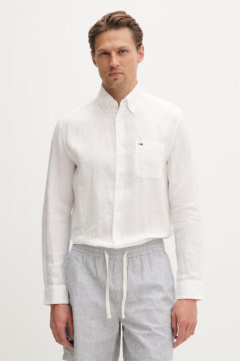 Tommy Jeans koszula męska lniana biała gładka DM0DM22760