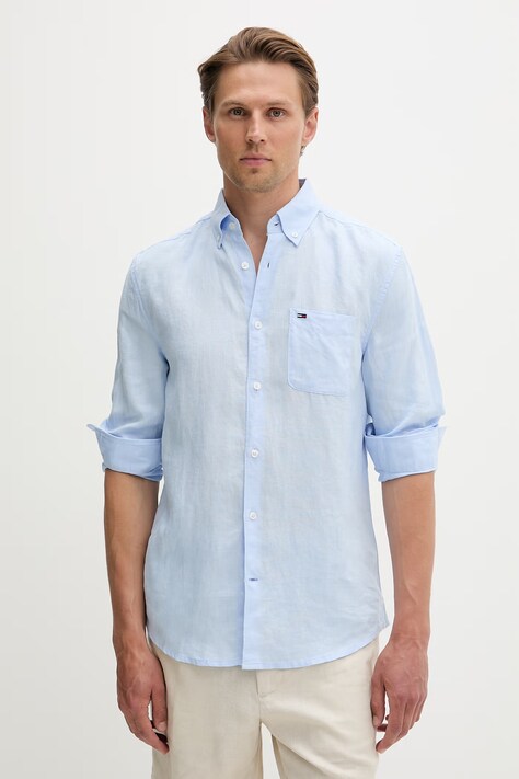 Tommy Jeans πουκάμισο ανδρικό λινό μπλε απλό DM0DM22760