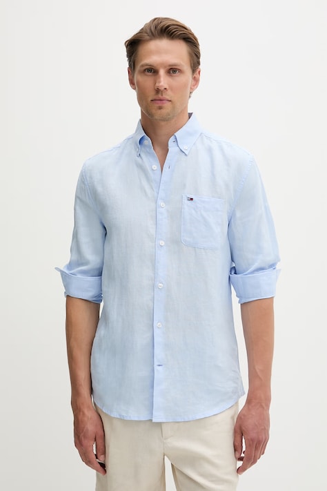 Tommy Jeans πουκάμισο ανδρικό λινό μπλε απλό DM0DM22760