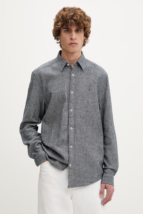 Tommy Jeans košeľa pánska s ľanom tmavomodrá hladká DM0DM22761
