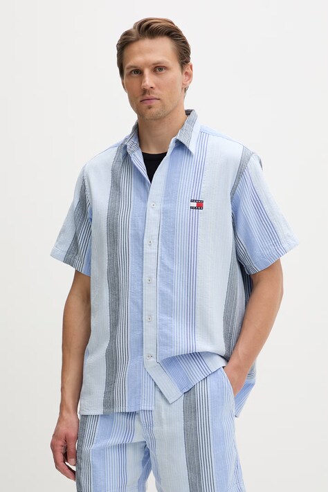 Tommy Jeans koszula męska bawełniana niebieska w paski DM0DM22789