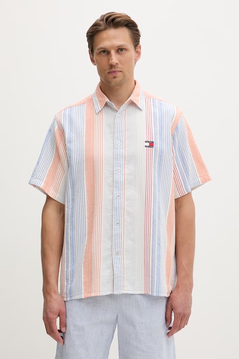Tommy Jeans koszula męska bawełniana pomarańczowa w paski