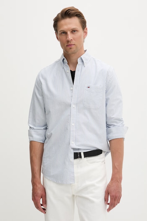 Tommy Jeans πουκάμισο ανδρικό βαμβακερό μπλε ριγέ DM0DM22790