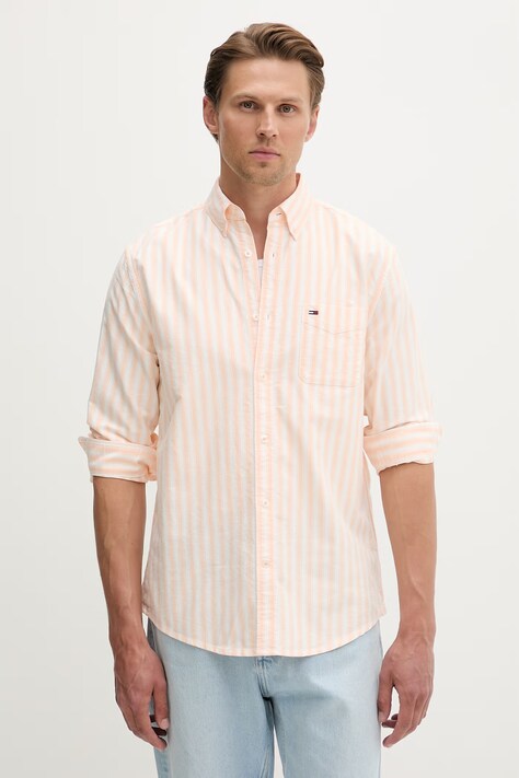 Tommy Jeans πουκάμισο ανδρικό βαμβακερό μπεζ ριγέ DM0DM22790