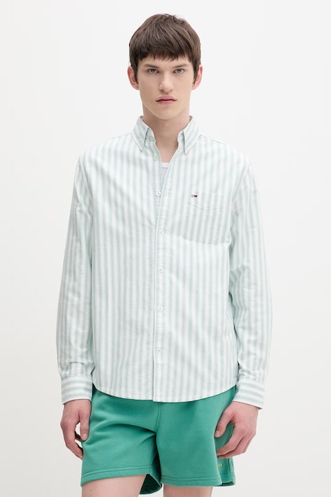 Tommy Jeans pánska bavlnená košeľa zelená farba DM0DM22790