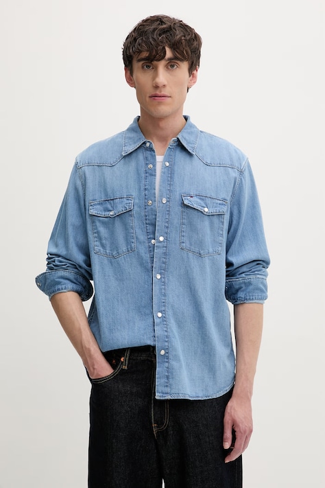 Tommy Jeans koszula męska bawełniana niebieska gładka DM0DM23029