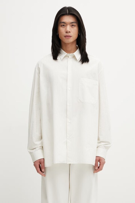 Maison Kitsuné koszula bawełniana męska beżowa w paski QM00430WC5096