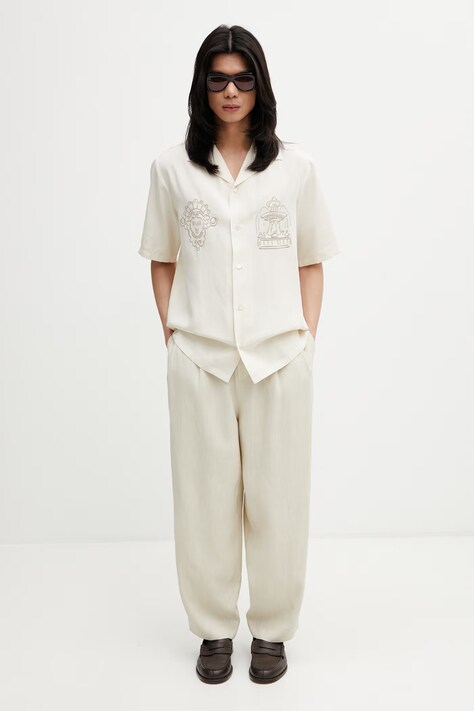 Maison Kitsuné Parisian Monuments Resort Men's lyocell shirt beige QM00403WC5095