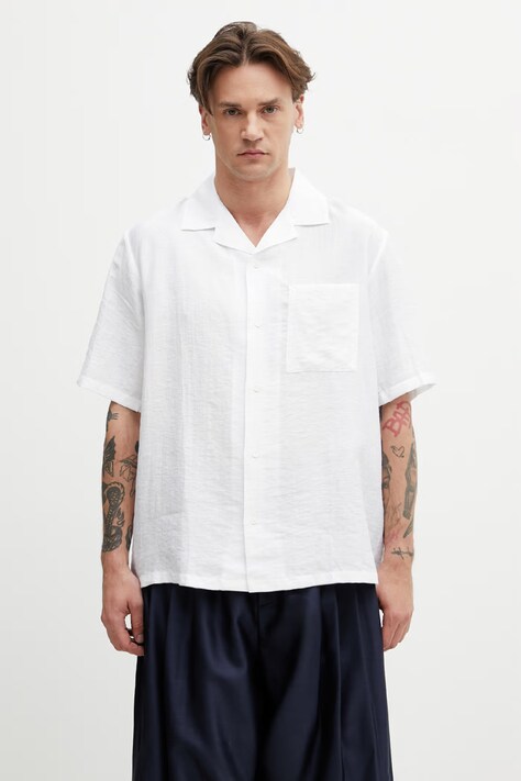 Maison Kitsuné Resort koszula safari męska z lnem biała gładka QM00405WW9099