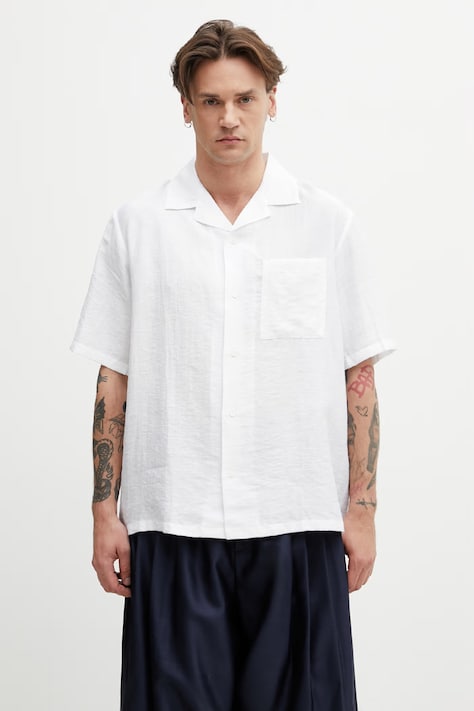 Maison Kitsuné Resort koszula safari męska z lnem biała gładka QM00405WW9099