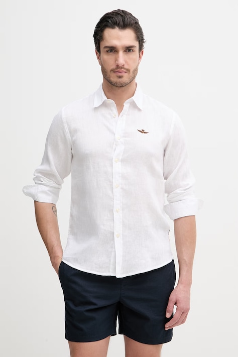 Aeronautica Militare koszula lniana męska kolor biały regular z kołnierzykiem klasycznym CA1321UCT03089