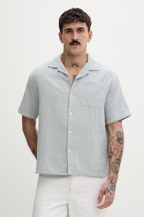 Guess Jeans koszula męska z dodatkiem lnu niebieska w paski M6GHB6 WO551