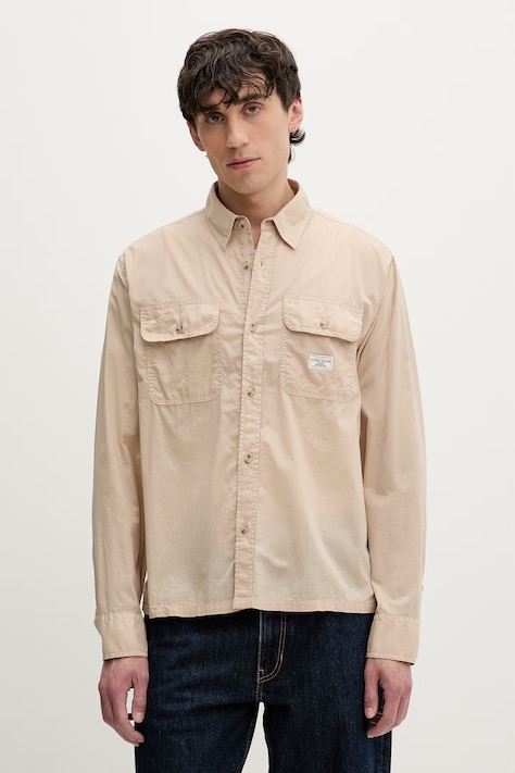 Guess Jeans koszula safari męska bawełniana beżowa gładka M6GH60 WN861