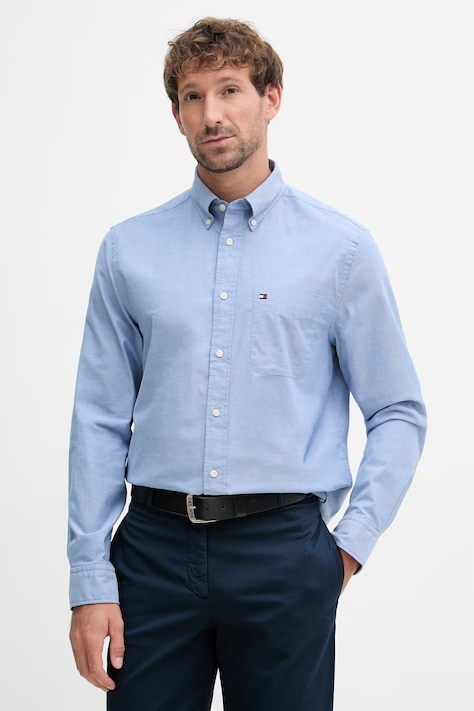 Tommy Hilfiger Srajca moška z bombažem modra enobarvna MW0MW42287