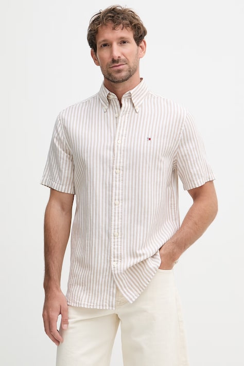 Tommy Hilfiger ανδρικό πουκάμισο με λινό μπεζ ριγέ MW0MW42449