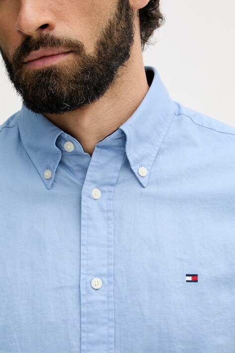 Tommy Hilfiger koszula męska z lnem niebieska gładka MW0MW42450