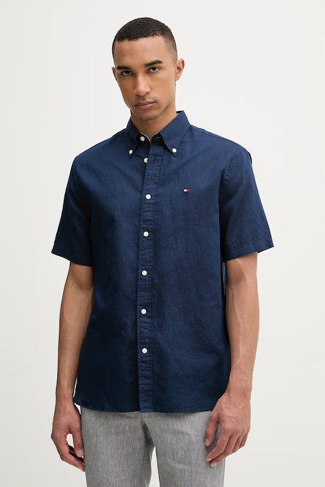 Tommy Hilfiger košile pánská se lnem námořnická modrá hladká MW0MW42450
