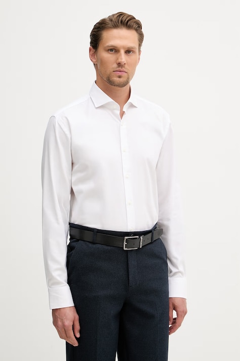 BOSS srajca moška bombažna z elastanom HANK bela enobarvna 50560607