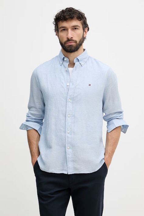 Tommy Hilfiger košeľa pánska ľanová modrá hladká MW0MW41530
