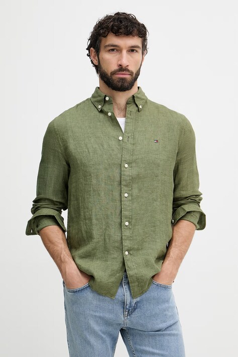 Tommy Hilfiger košeľa pánska ľanová zelená hladká MW0MW41530
