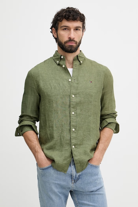 Tommy Hilfiger πουκάμισο ανδρικό λινό πράσινο απλό MW0MW41530